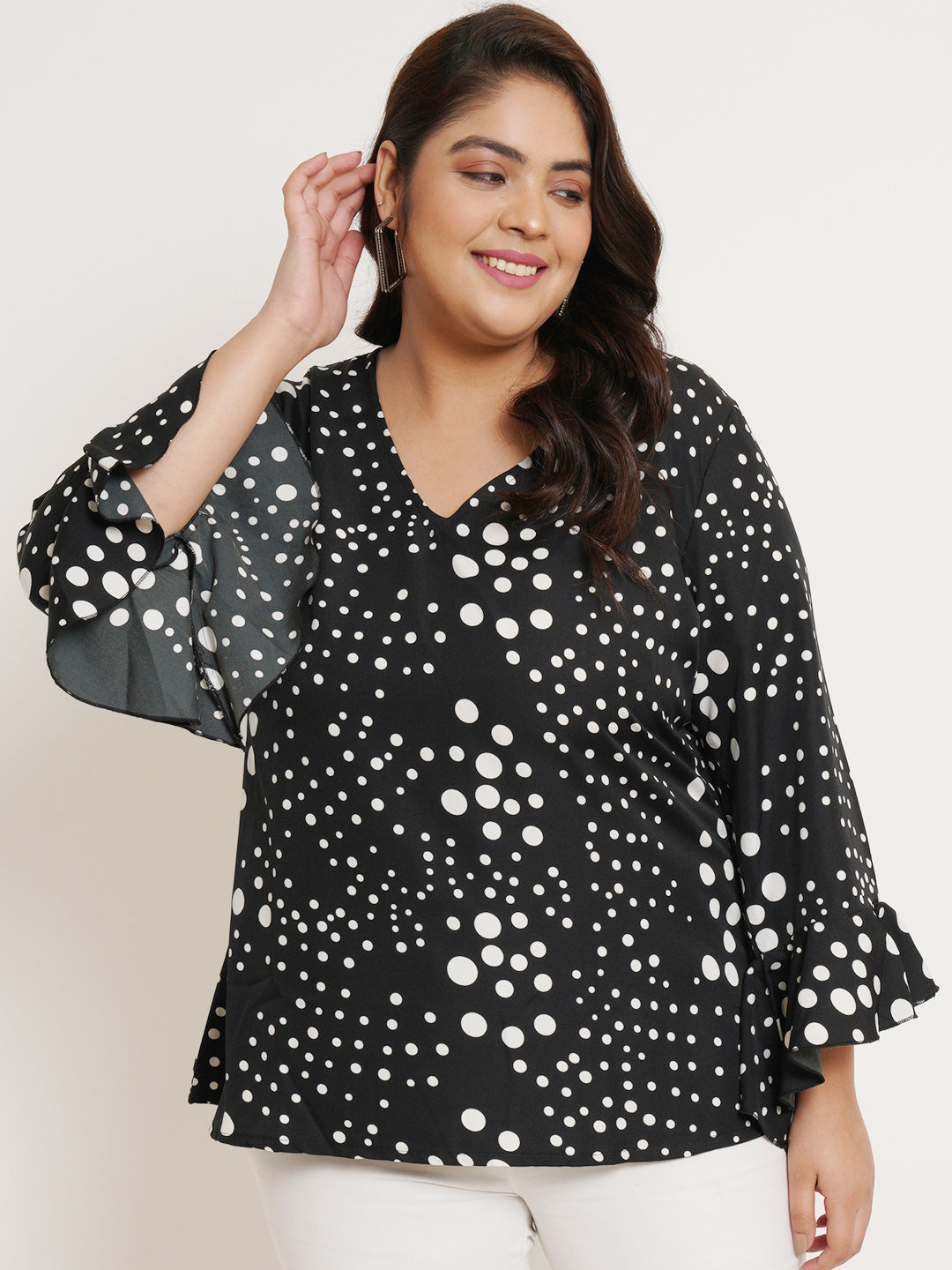 Women Plus Size Polka Dot V-Neck A-Line Top