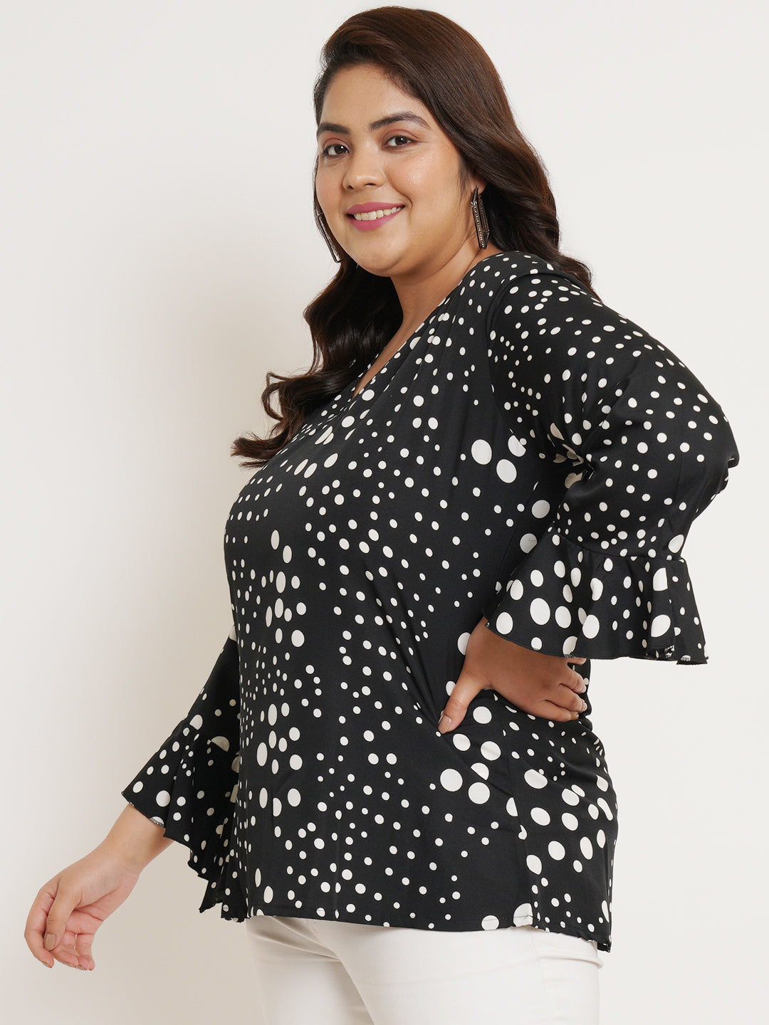 Women Plus Size Polka Dot V-Neck A-Line Top