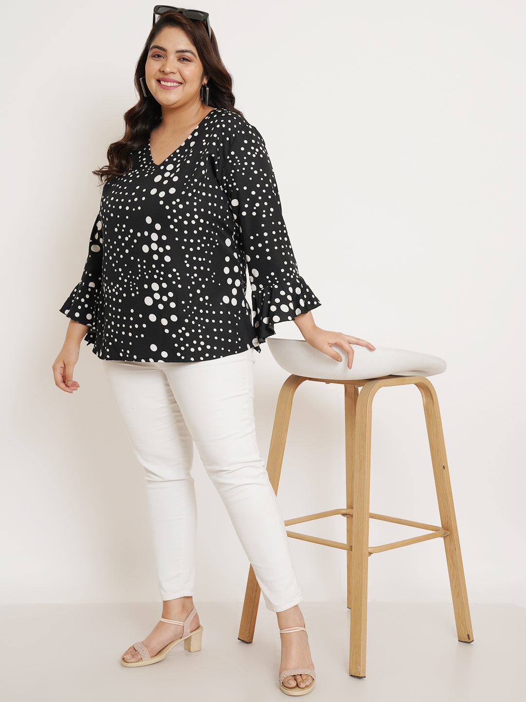 Women Plus Size Polka Dot V-Neck A-Line Top