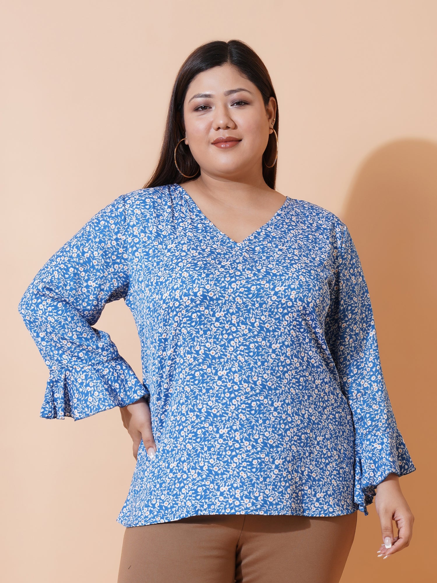 Women Plus Size Floral Print Ruffles Top