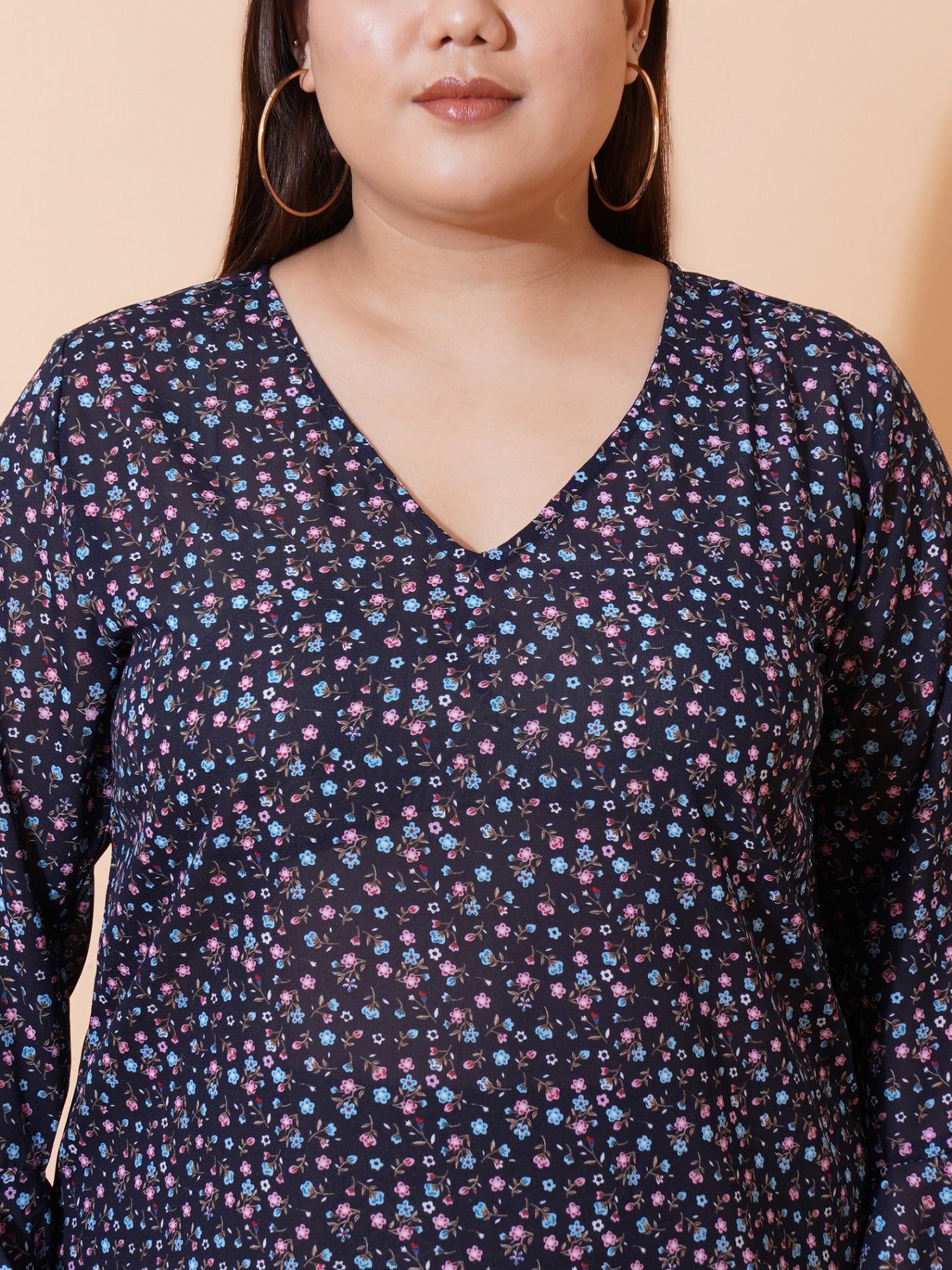 Women Plus Size Floral Print Bell Sleeve Ruffles Top