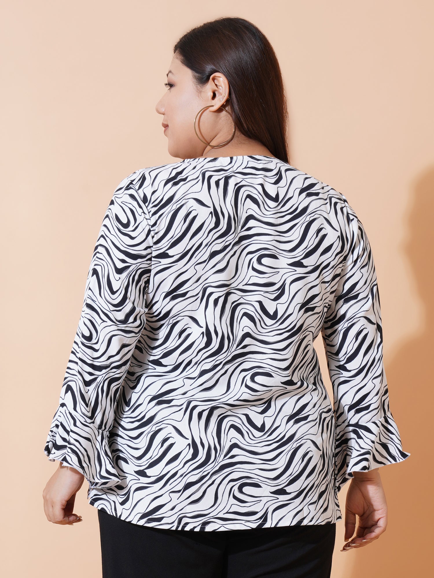 Women Plus Size Animal Print Bell Sleeve Ruffles Top