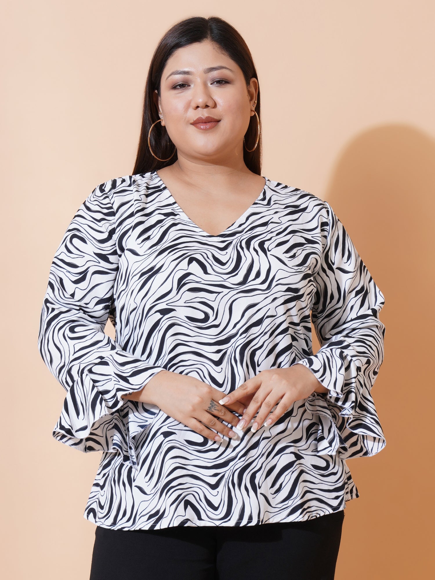 Women Plus Size Animal Print Bell Sleeve Ruffles Top