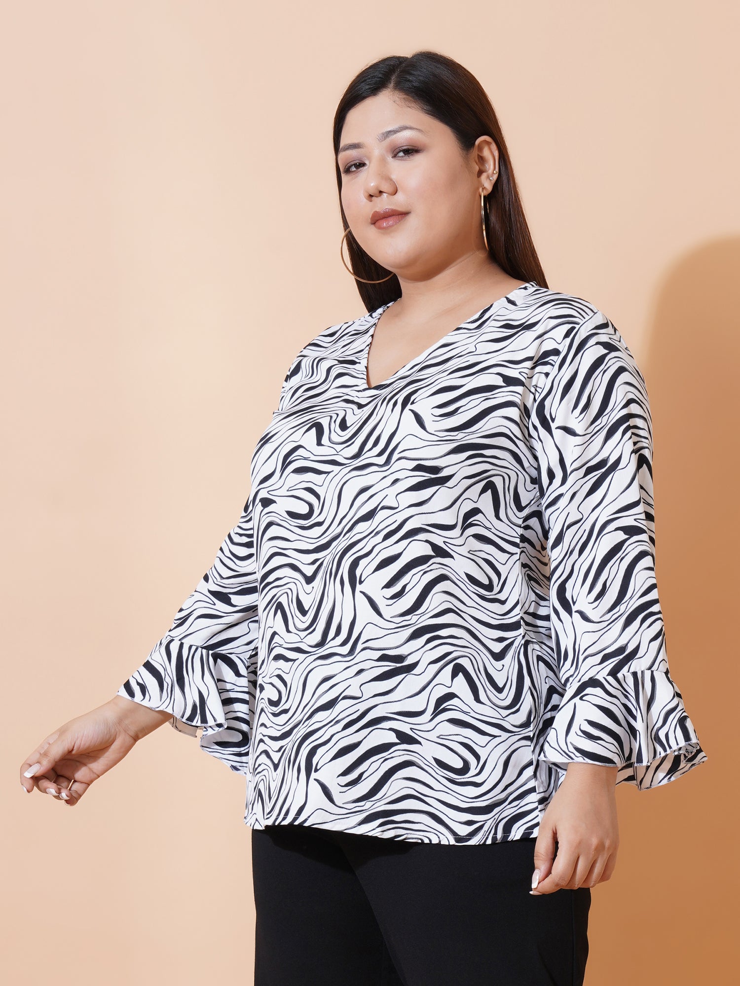 Women Plus Size Animal Print Bell Sleeve Ruffles Top