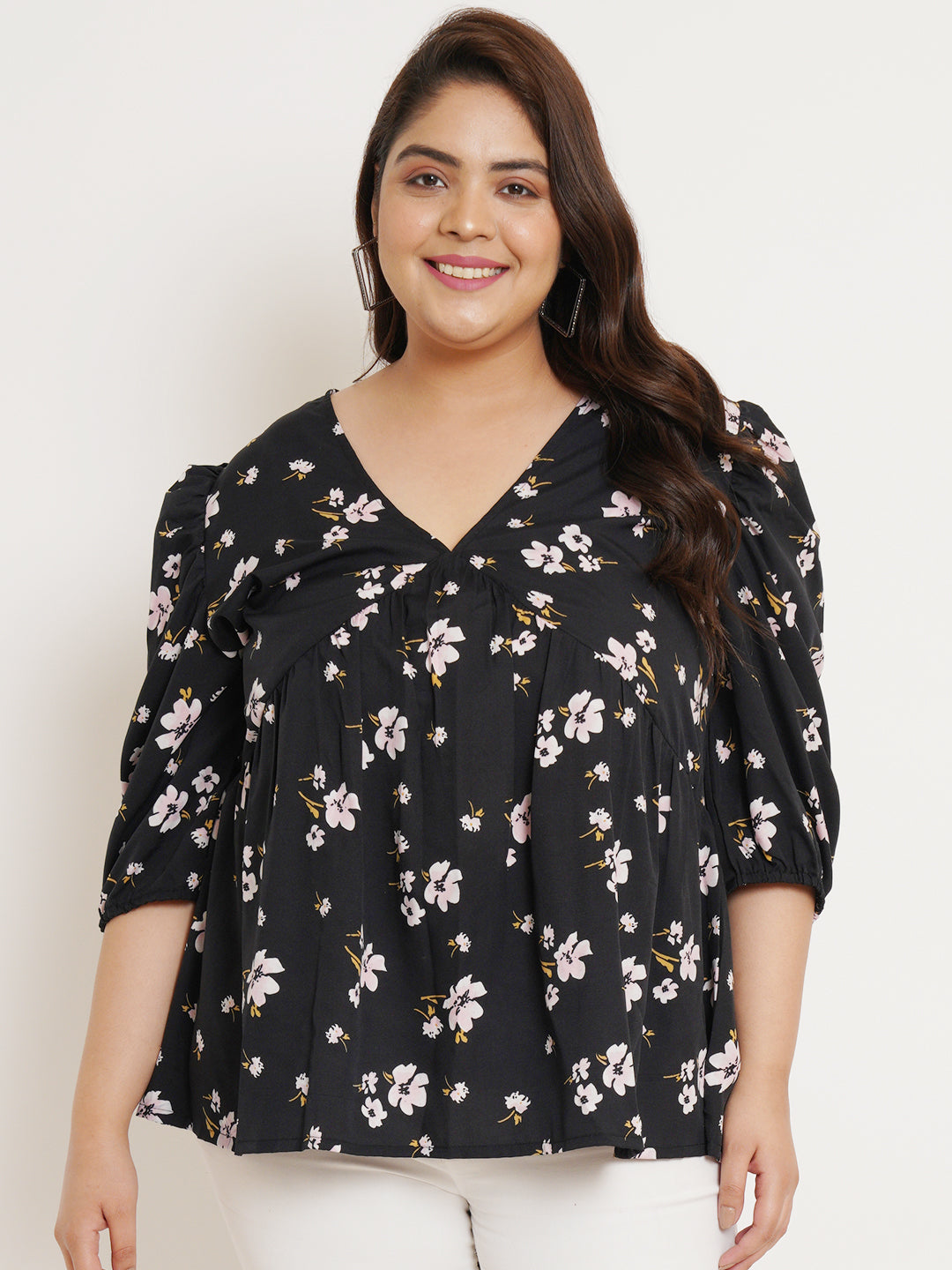 Women Plus Size Floral Printed V-Neck Top