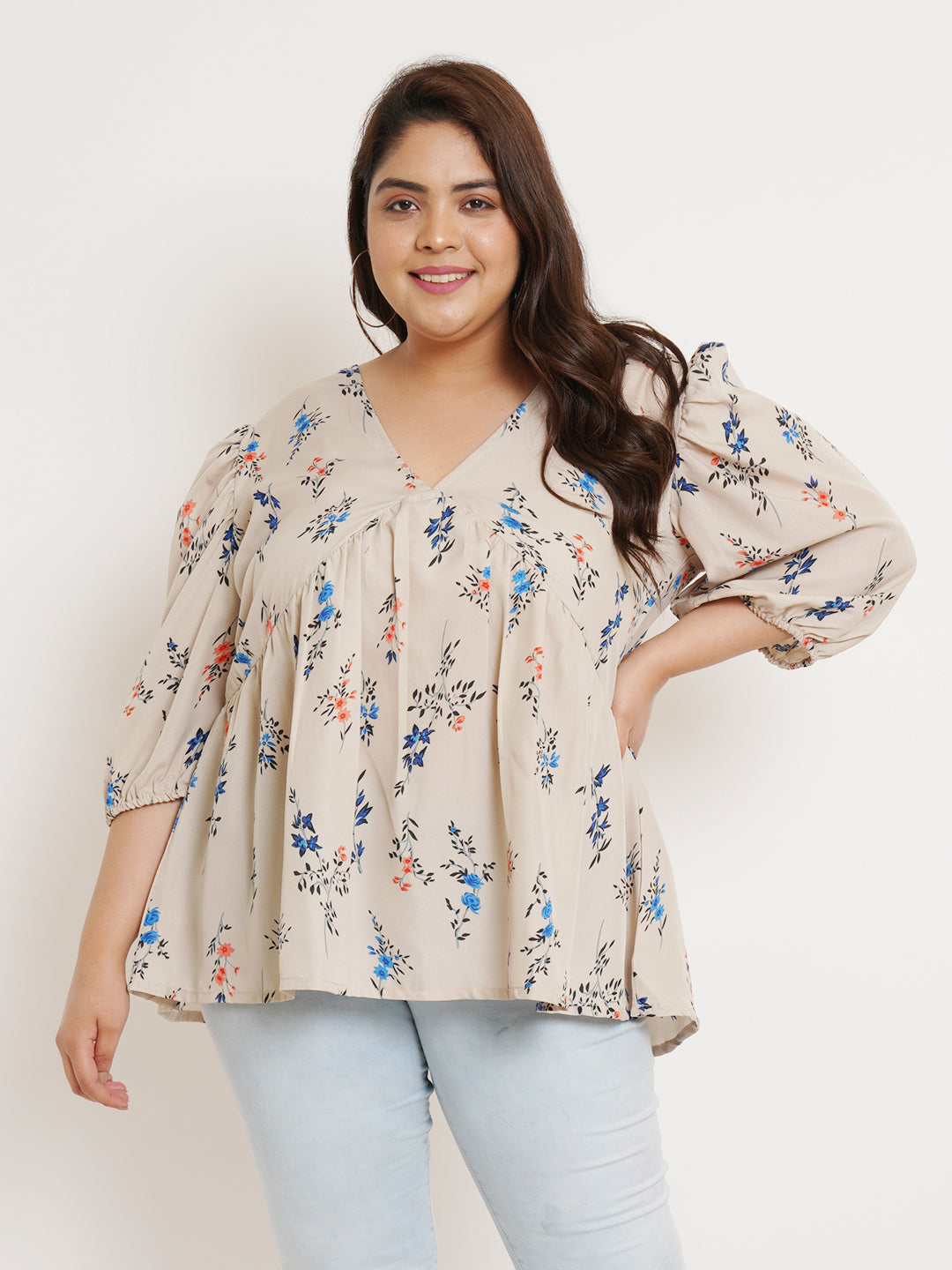 Women Plus Size Floral Printed V-Neck Top