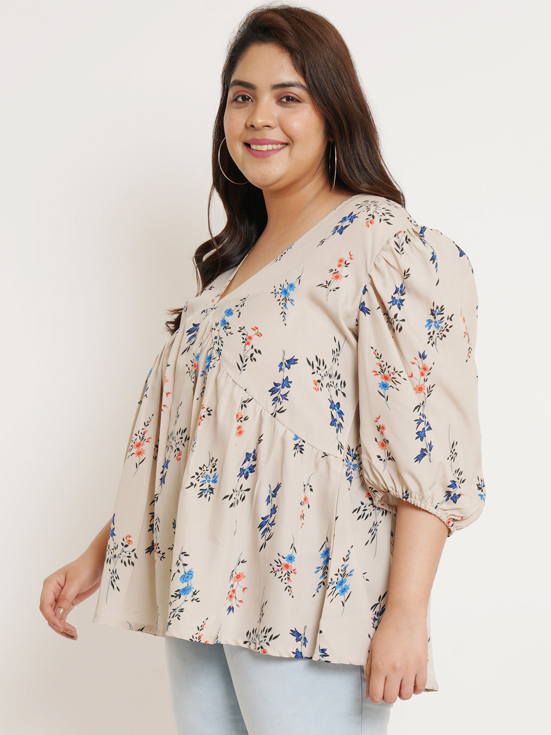 Women Plus Size Floral Printed V-Neck Top