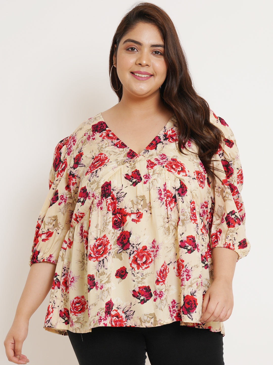 Women Plus Size Floral Printed V-Neck Top