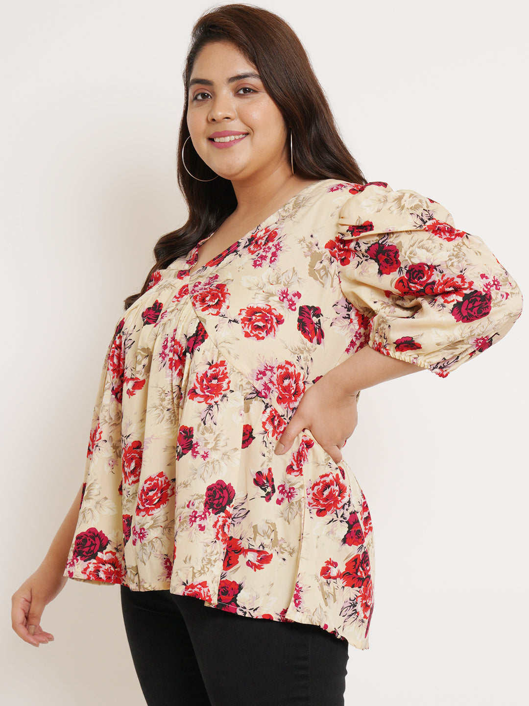 Women Plus Size Floral Printed V-Neck Top