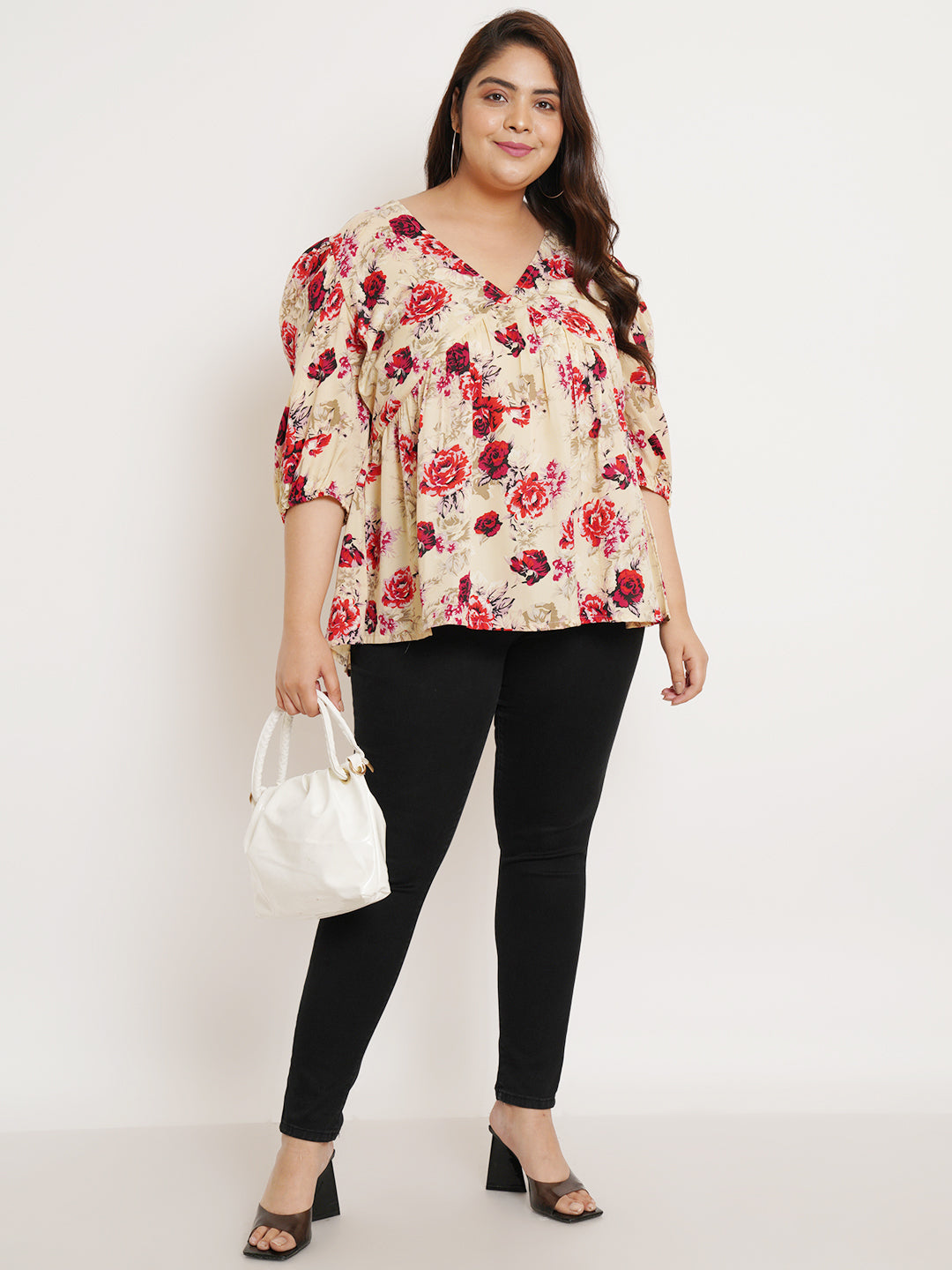 Women Plus Size Floral Printed V-Neck Top
