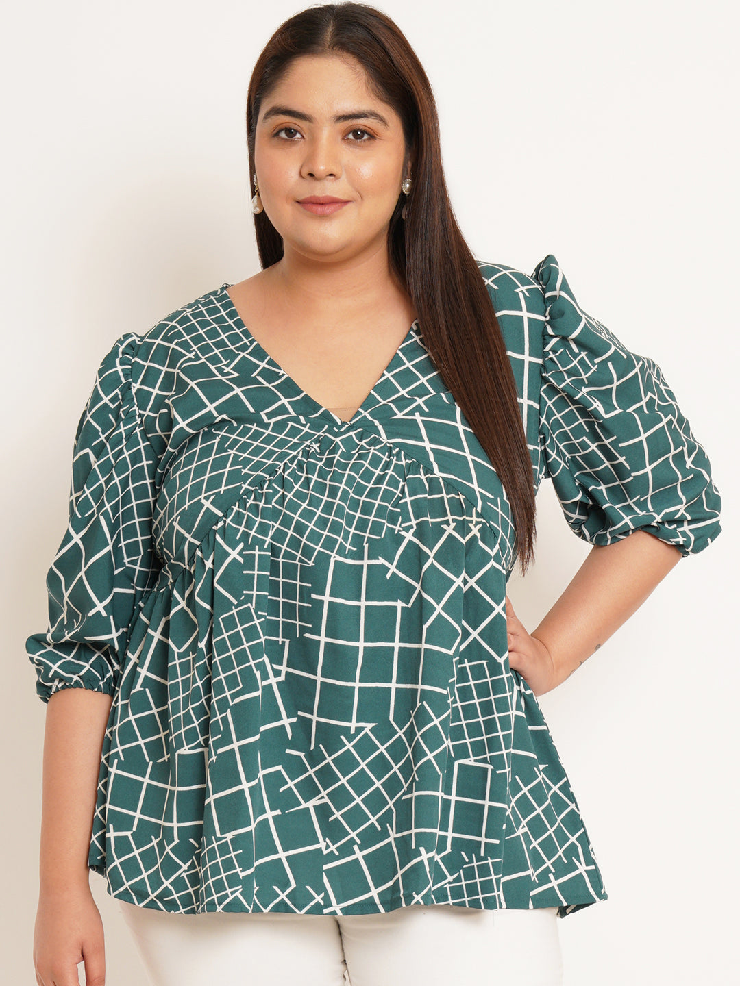 Women Plus Size Checked Printed V-Neck Top