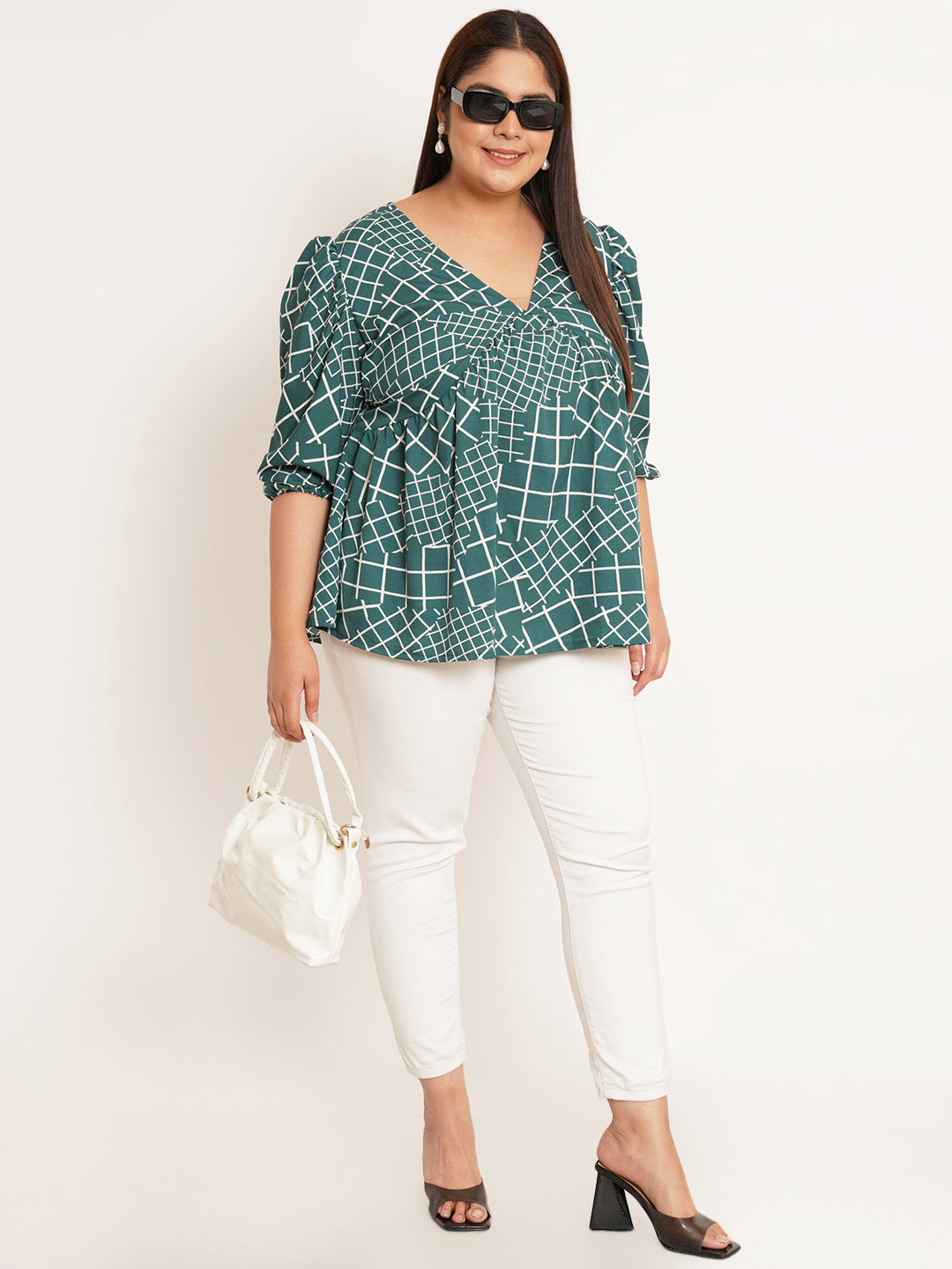 Women Plus Size Checked Printed V-Neck Top