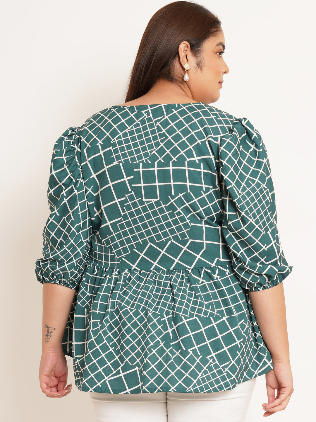 Women Plus Size Checked Printed V-Neck Top