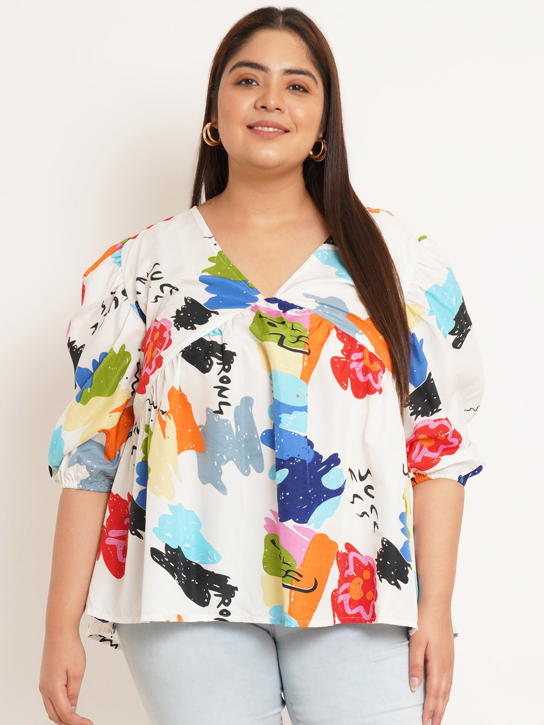 Women Plus Size Abstract Printed V-Neck Top