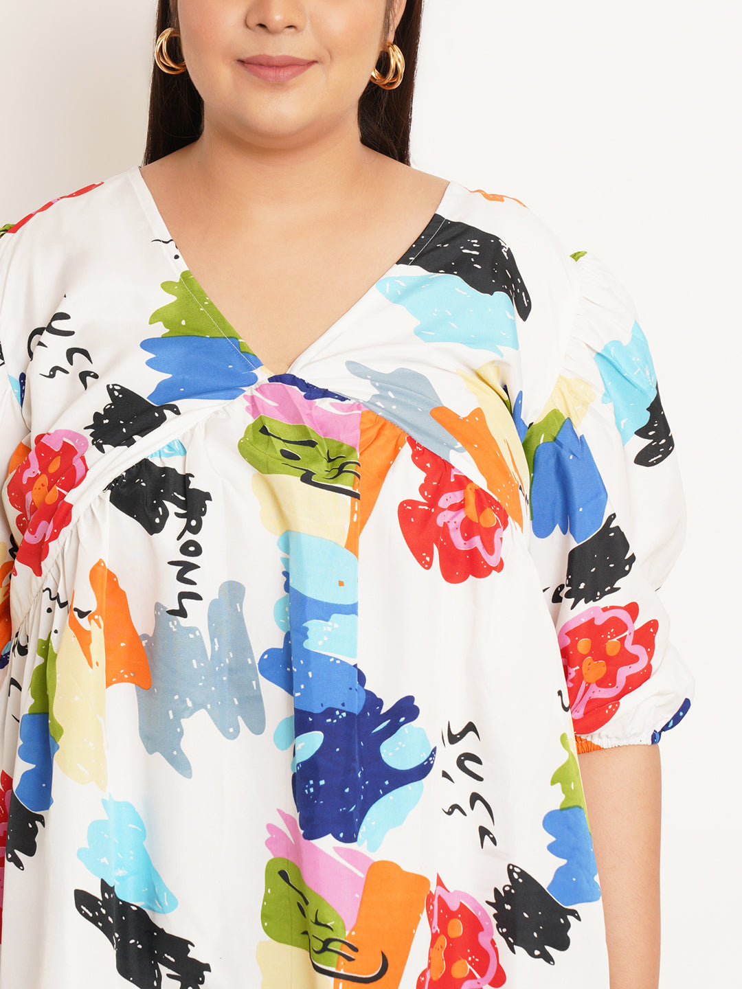 Women Plus Size Abstract Printed V-Neck Top
