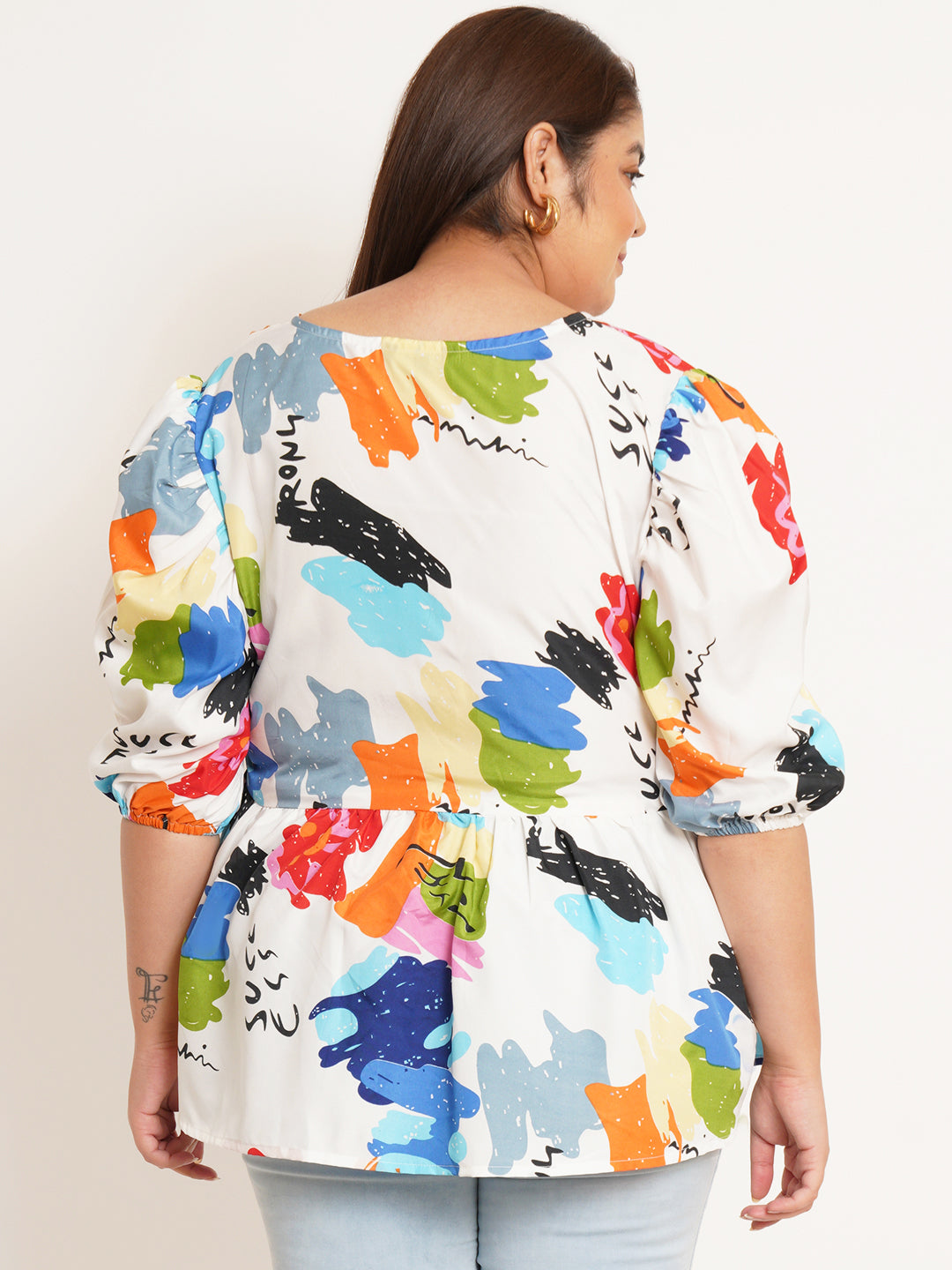 Women Plus Size Abstract Printed V-Neck Top