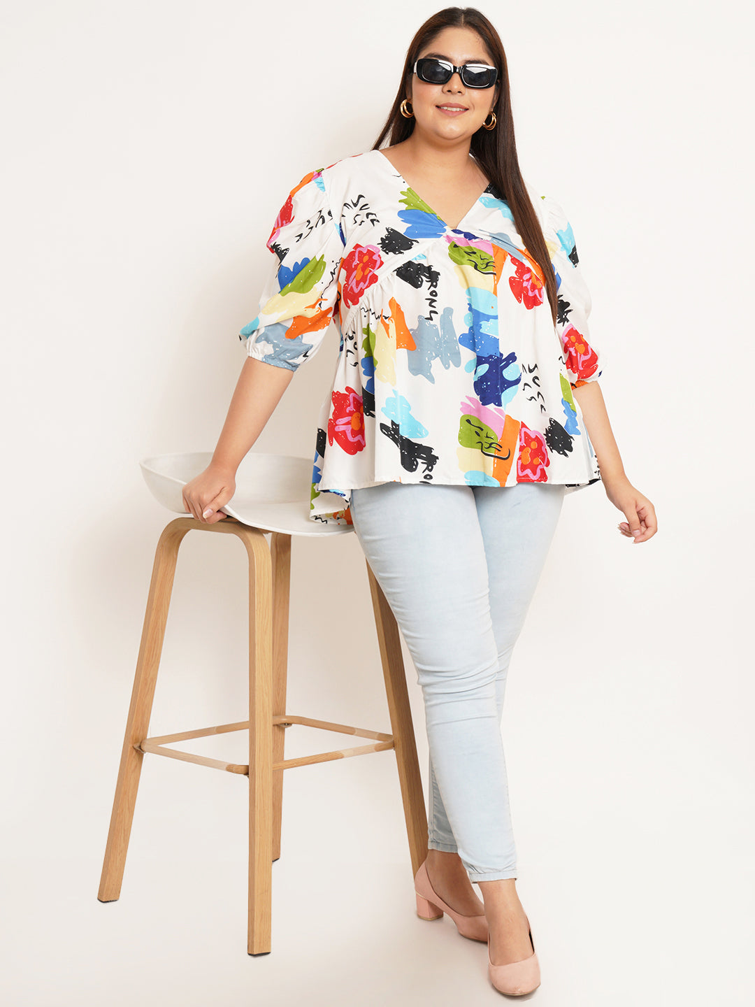 Women Plus Size Abstract Printed V-Neck Top
