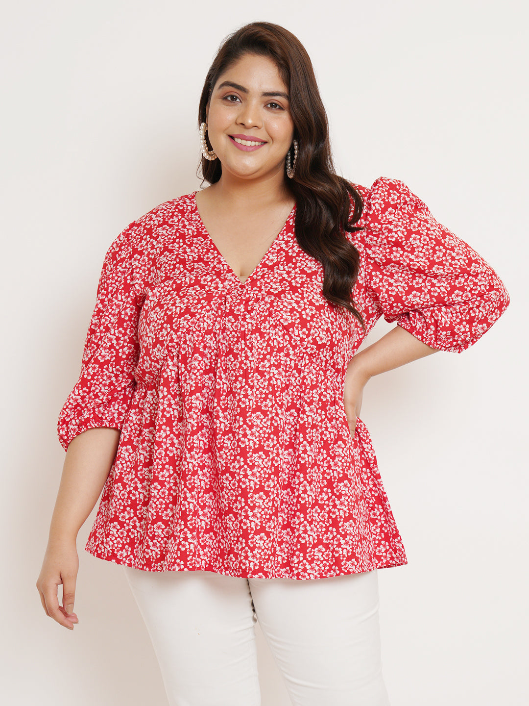 Women Plus Size Floral Printed V-Neck Top