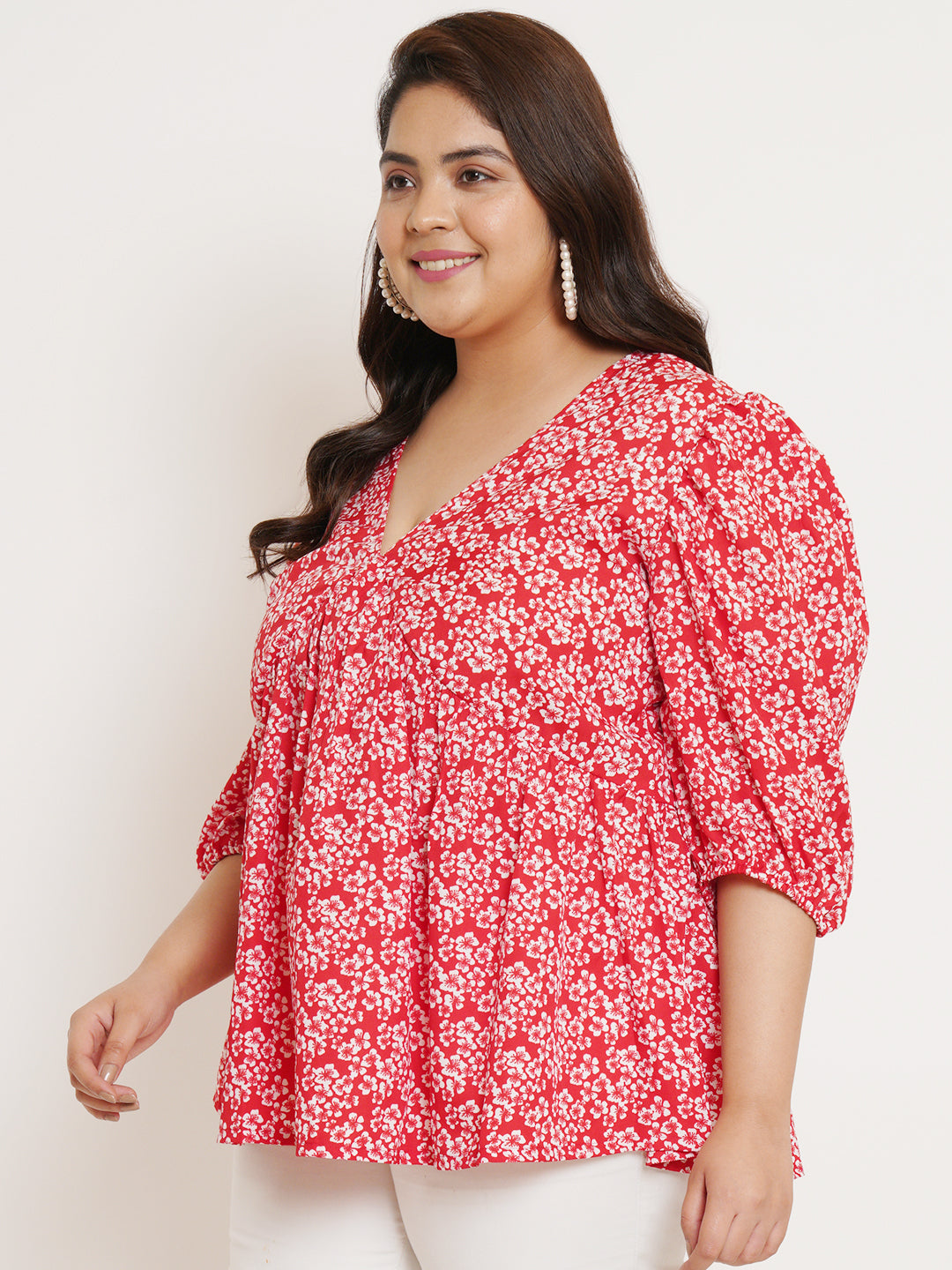 Women Plus Size Floral Printed V-Neck Top