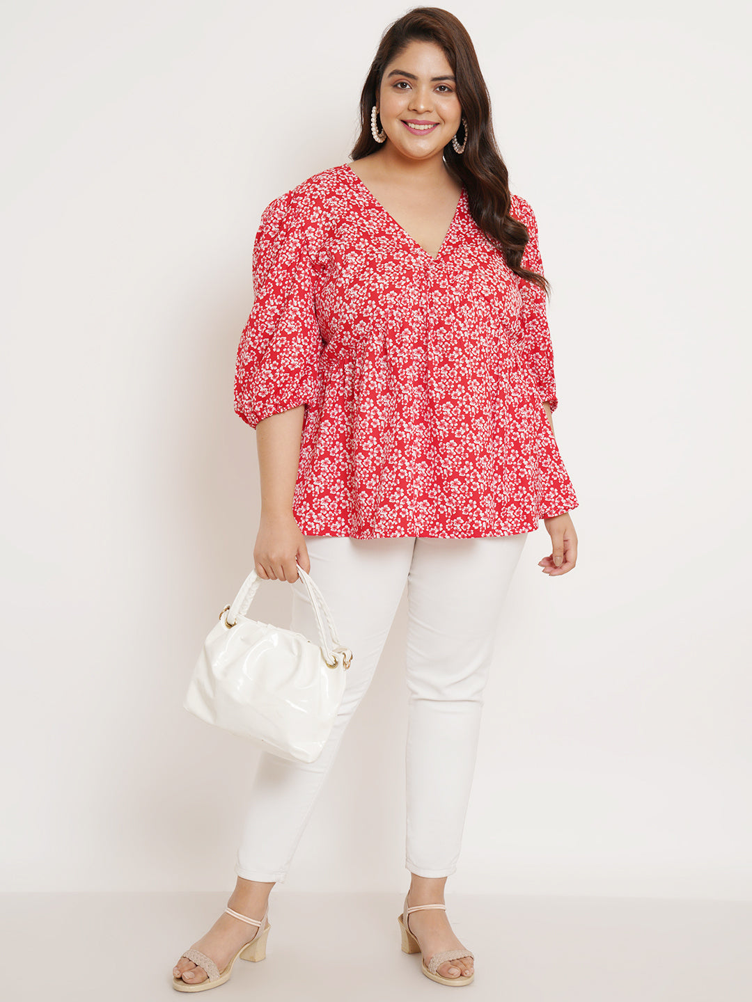 Women Plus Size Floral Printed V-Neck Top