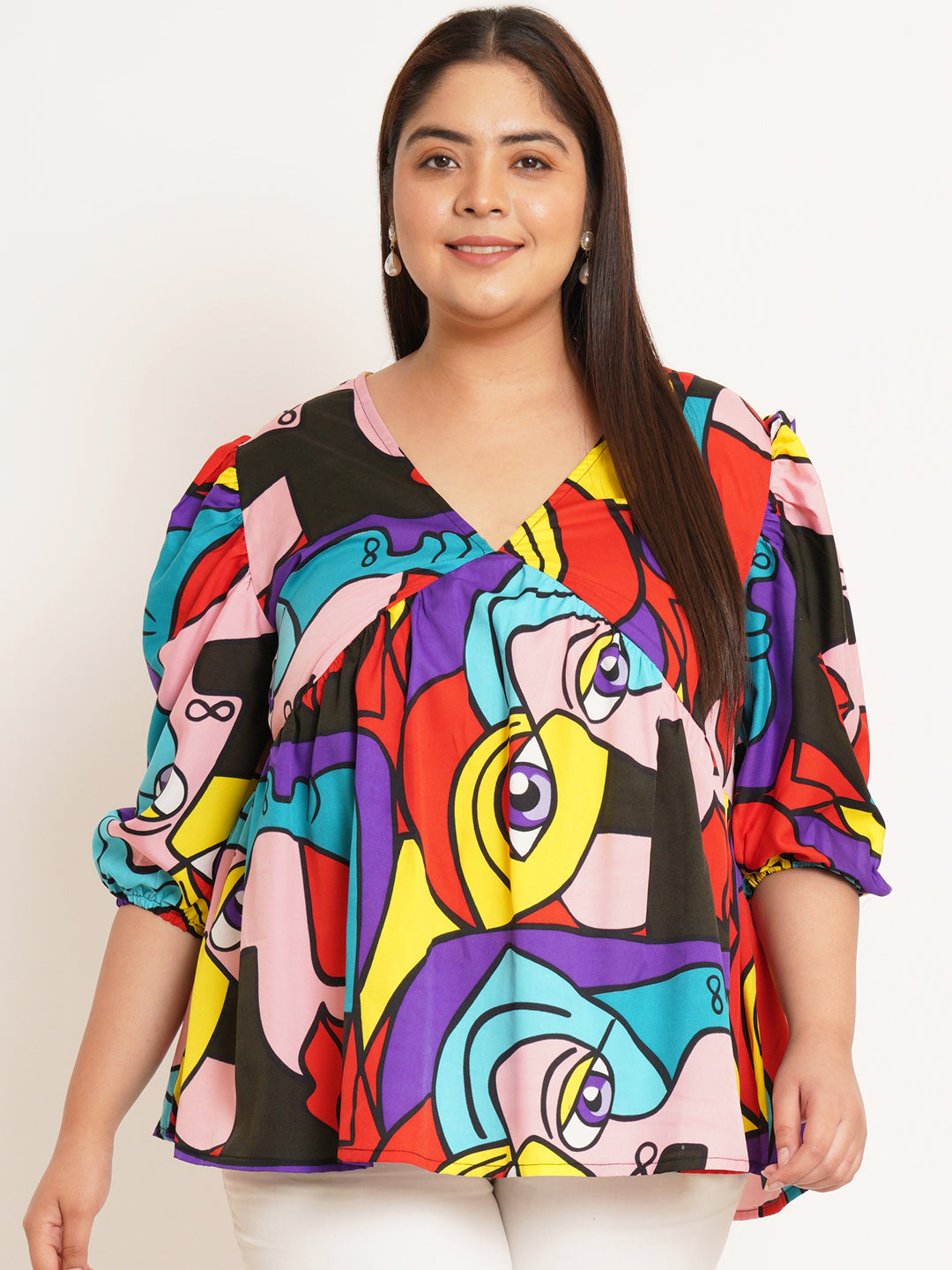 Women Plus Size Abstract Printed V-Neck Top