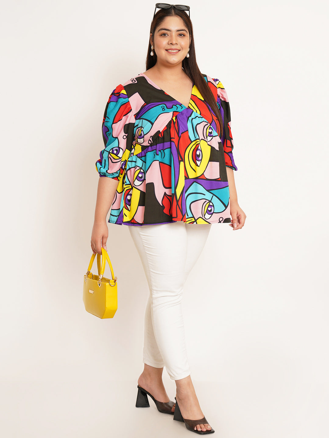 Women Plus Size Abstract Printed V-Neck Top