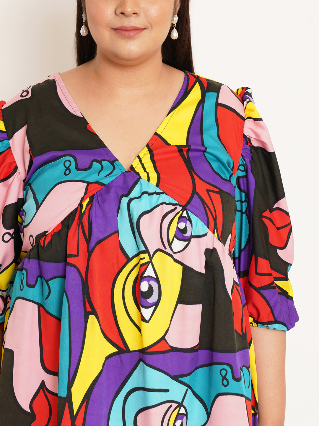 Women Plus Size Abstract Printed V-Neck Top