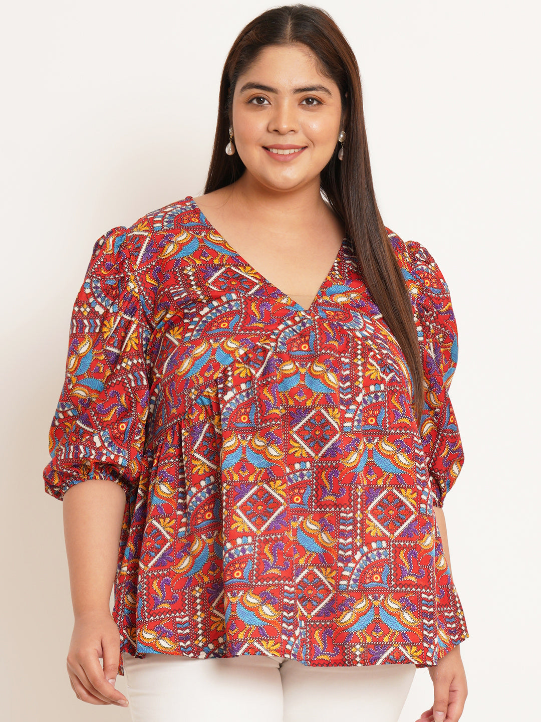 Women Plus Size Ethnic Motifs Printed V-Neck Top