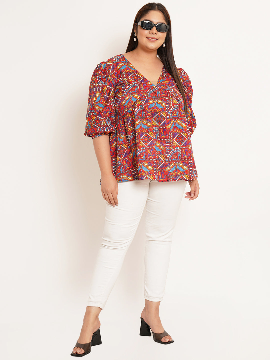 Women Plus Size Ethnic Motifs Printed V-Neck Top