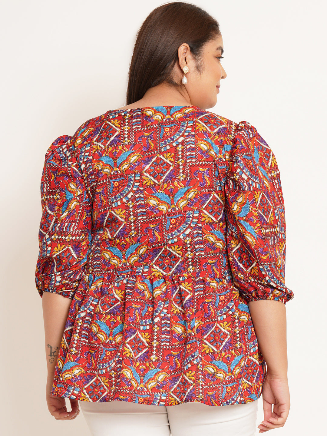Women Plus Size Ethnic Motifs Printed V-Neck Top