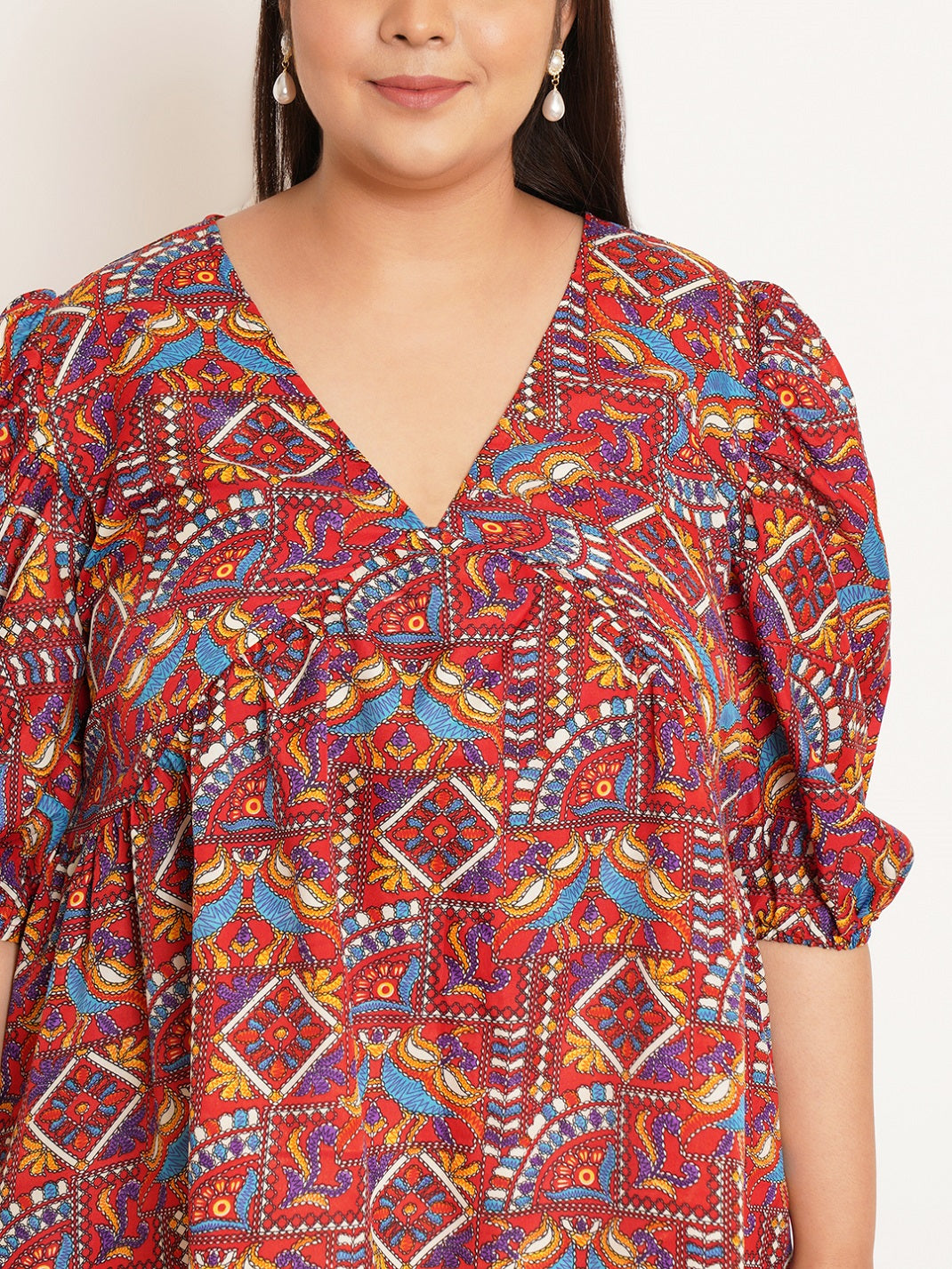 Women Plus Size Ethnic Motifs Printed V-Neck Top