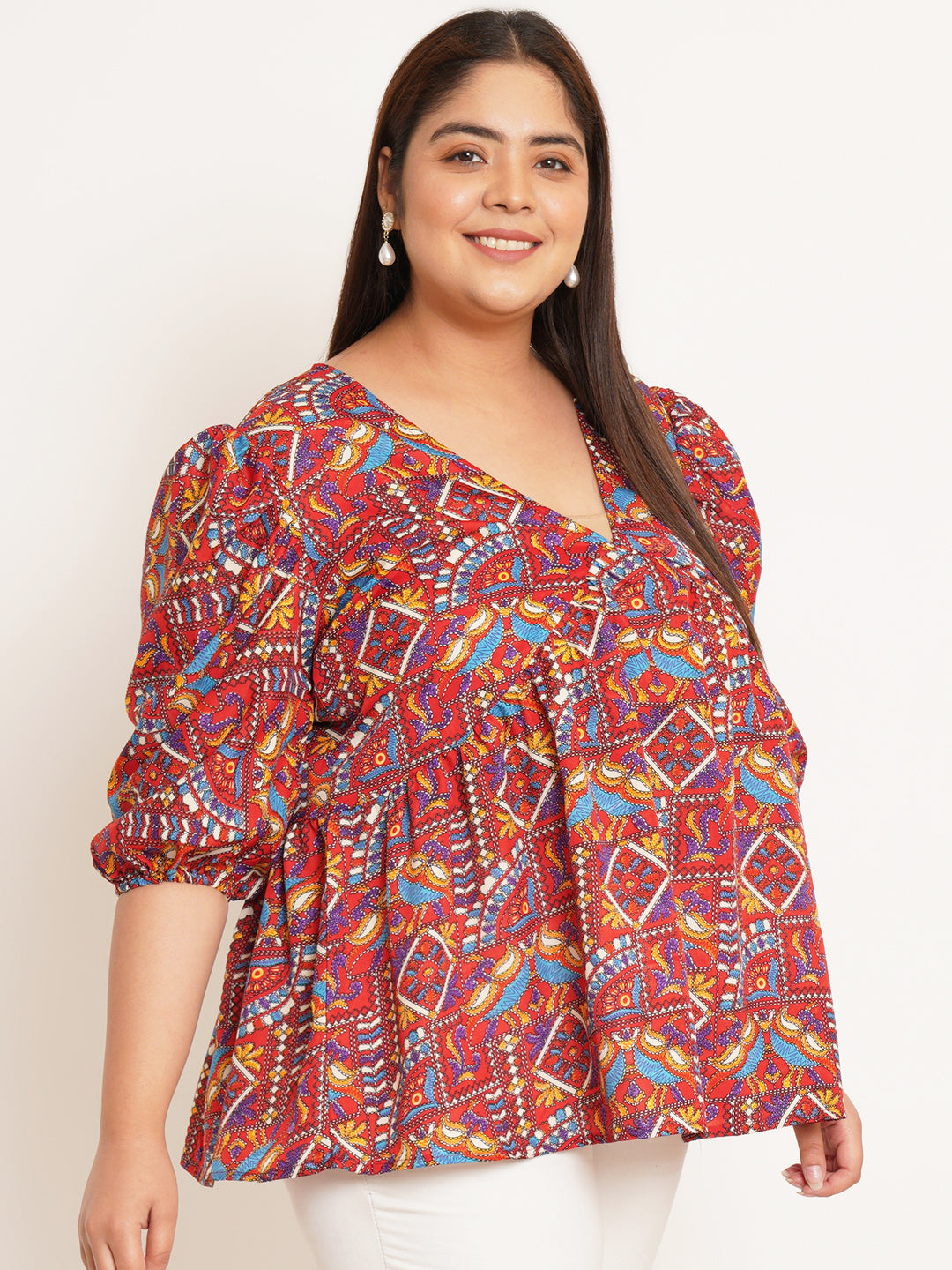 Women Plus Size Ethnic Motifs Printed V-Neck Top