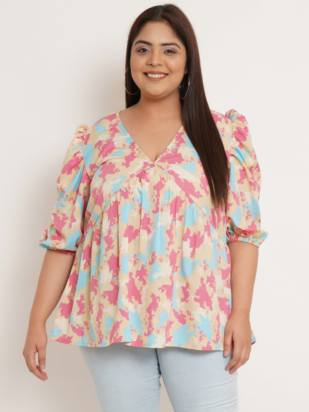 Women Plus Size Abstract Printed V-Neck Top