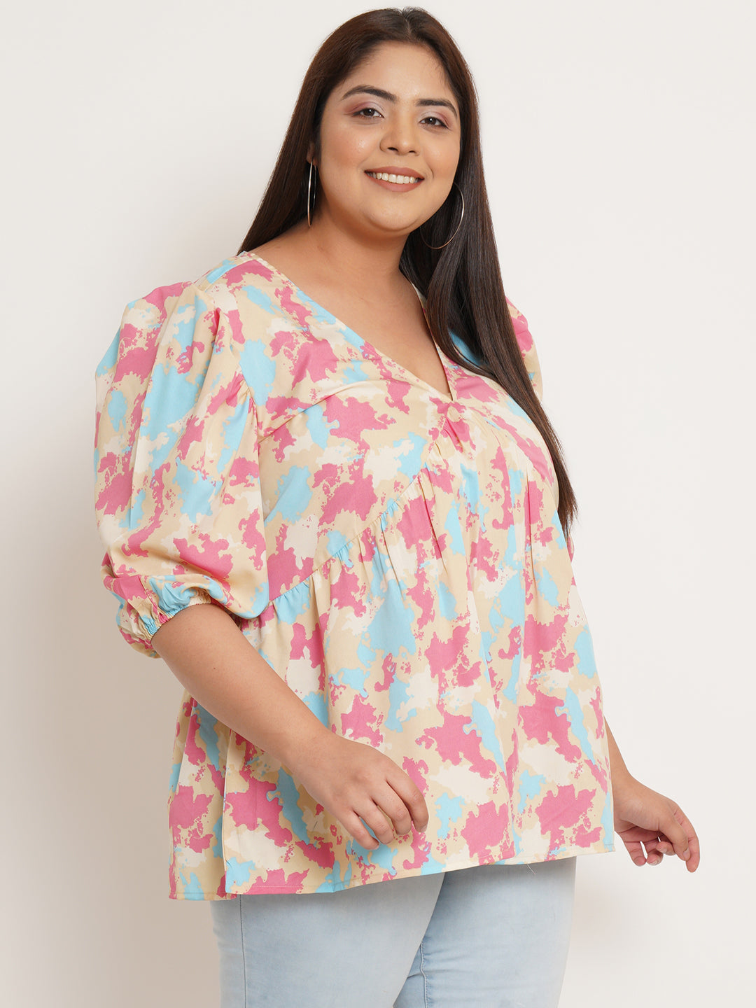 Women Plus Size Abstract Printed V-Neck Top