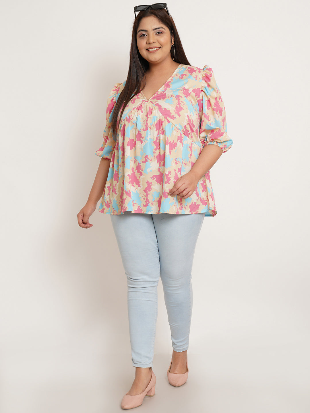 Women Plus Size Abstract Printed V-Neck Top