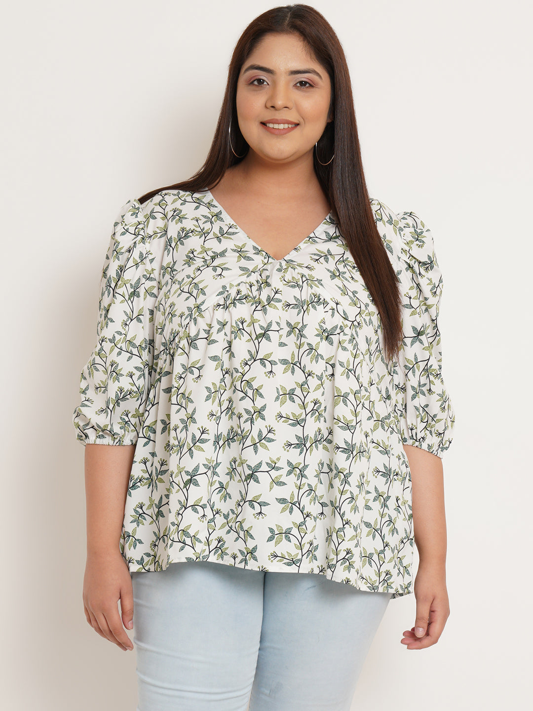 Women Plus Size Floral Printed V-Neck Top