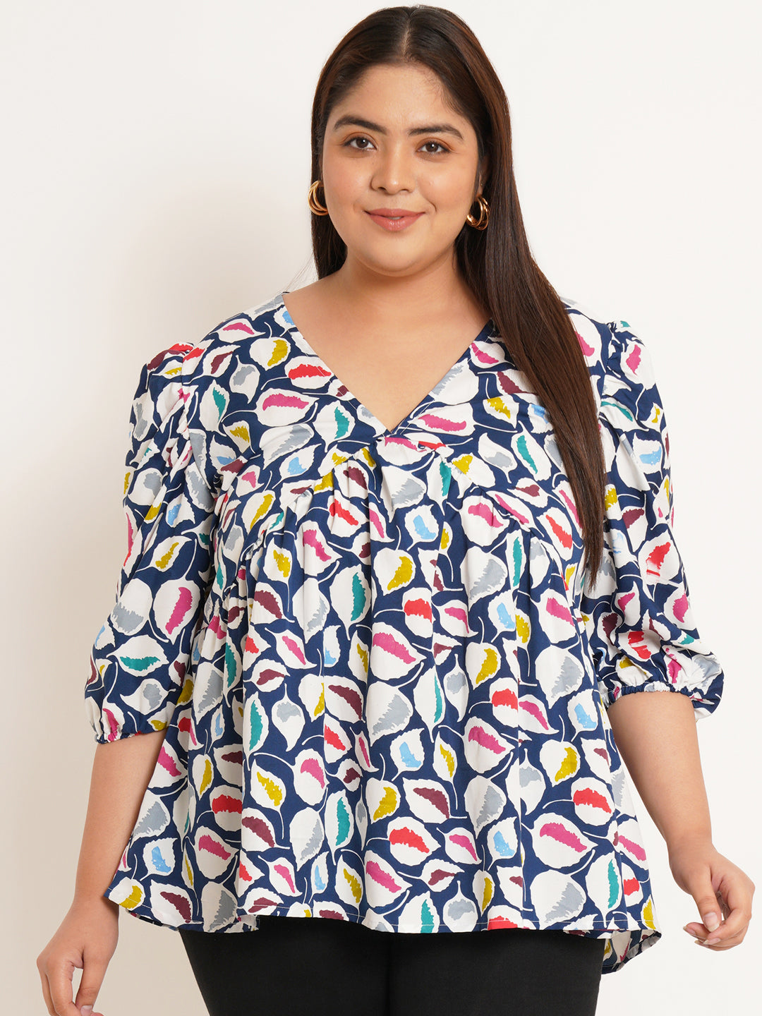 Women Plus Size Floral Printed V-Neck Top