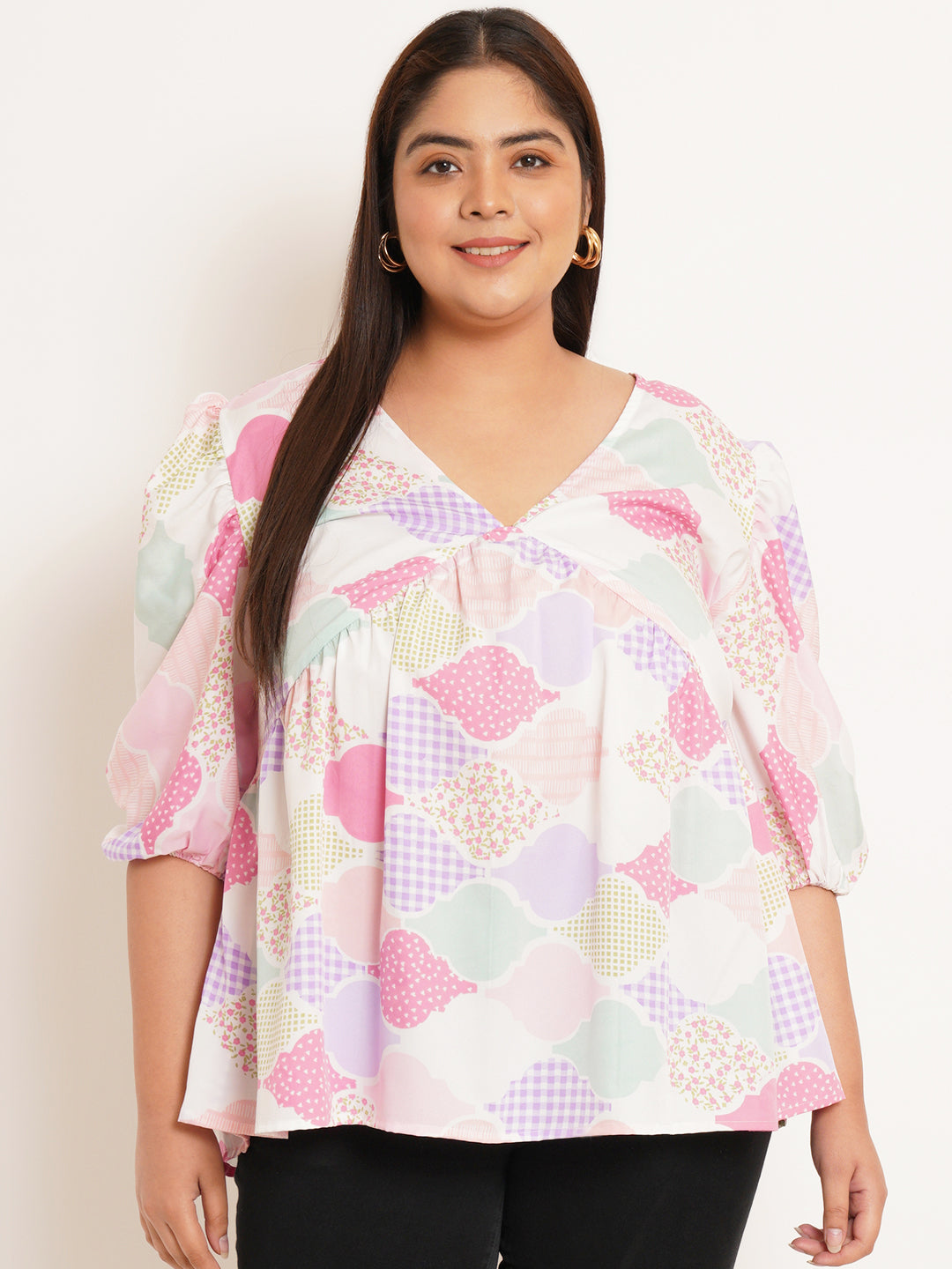 Women Plus Size Geometric Printed V-Neck Top