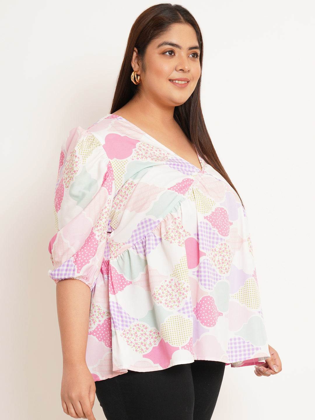Women Plus Size Geometric Printed V-Neck Top