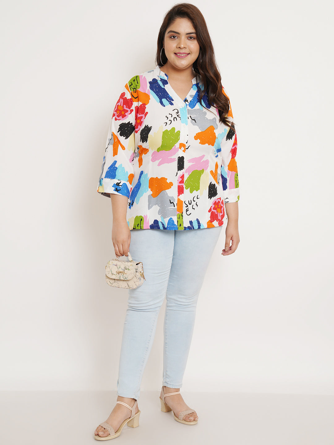 Women Plus Size Abstract Printed Crepe Mandarin Collar Top