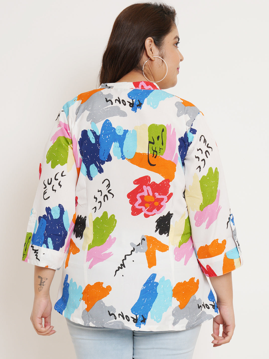 Women Plus Size Abstract Printed Crepe Mandarin Collar Top