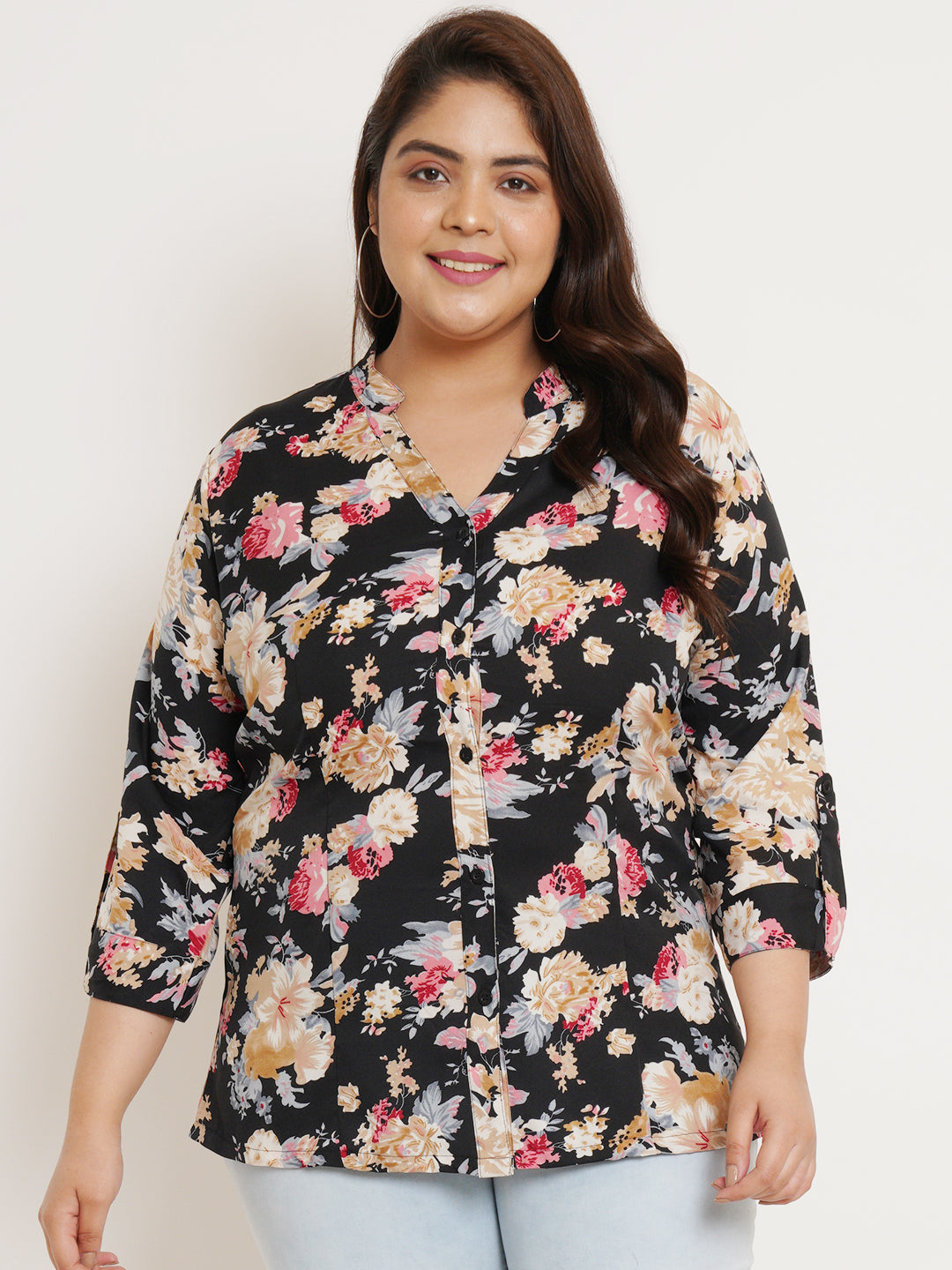Women Plus Size Floral Printed Mandarin Collar Top