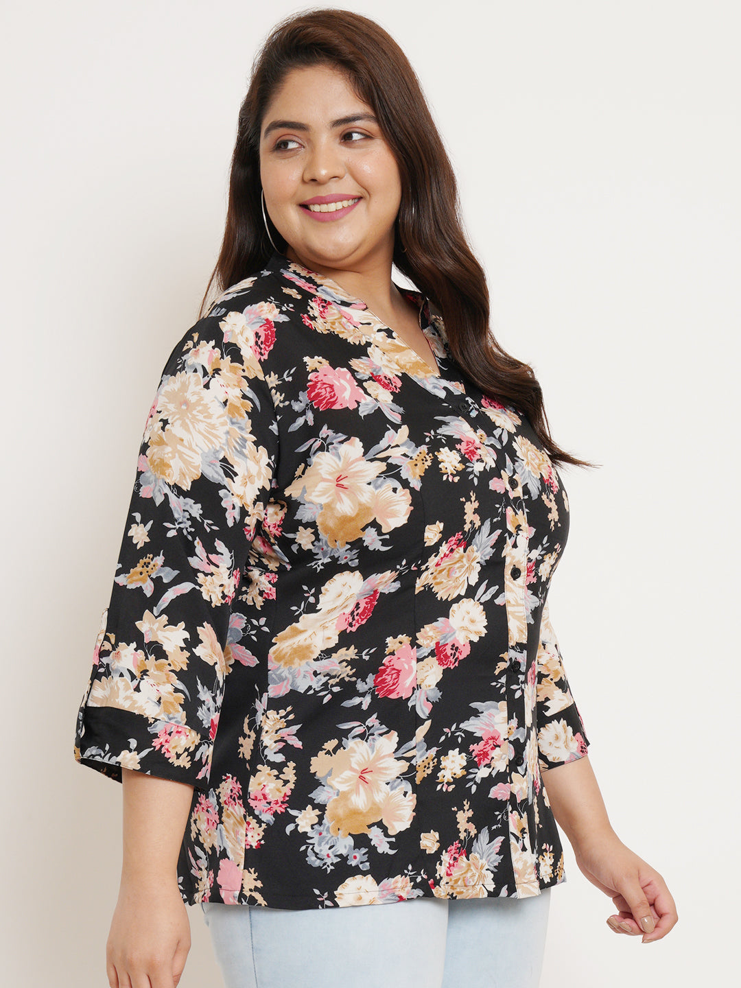 Women Plus Size Floral Printed Mandarin Collar Top