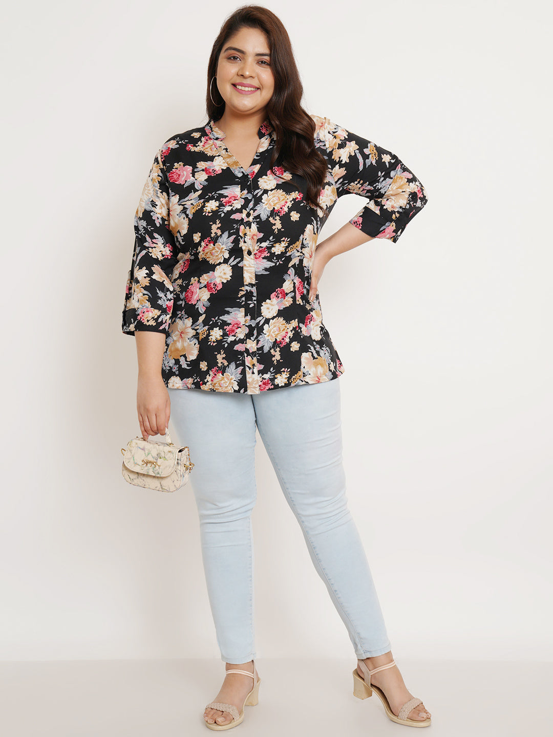 Women Plus Size Floral Printed Mandarin Collar Top