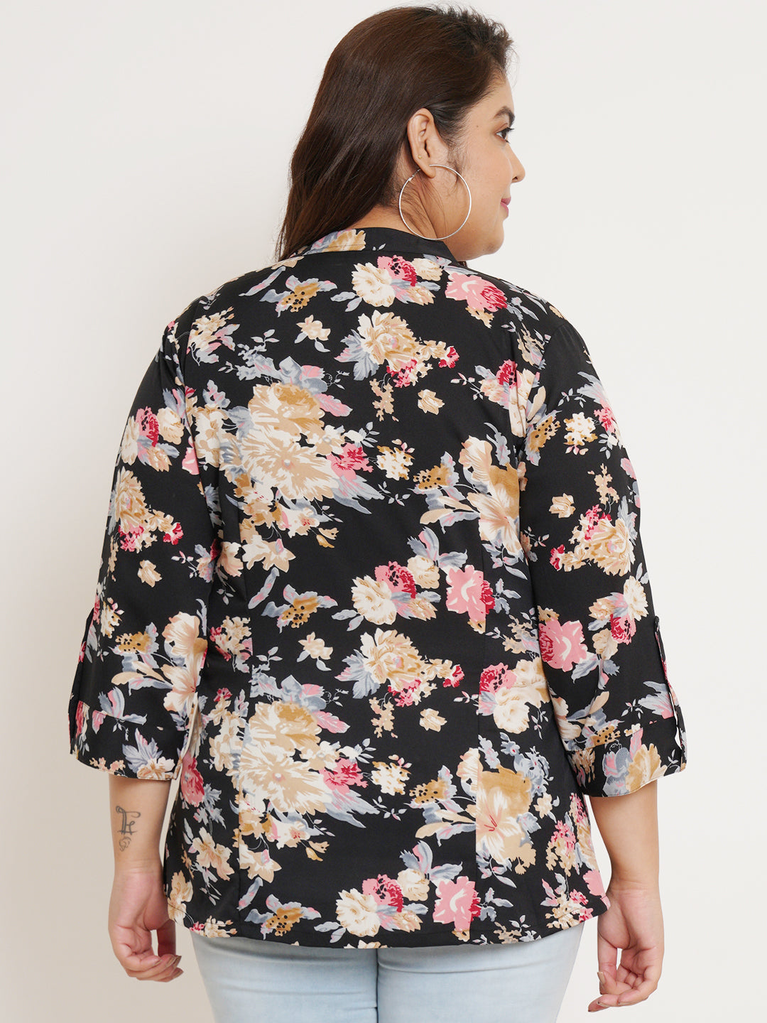 Women Plus Size Floral Printed Mandarin Collar Top