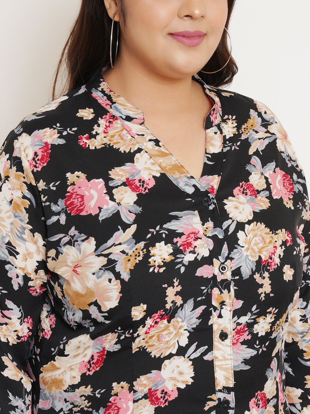 Women Plus Size Floral Printed Mandarin Collar Top