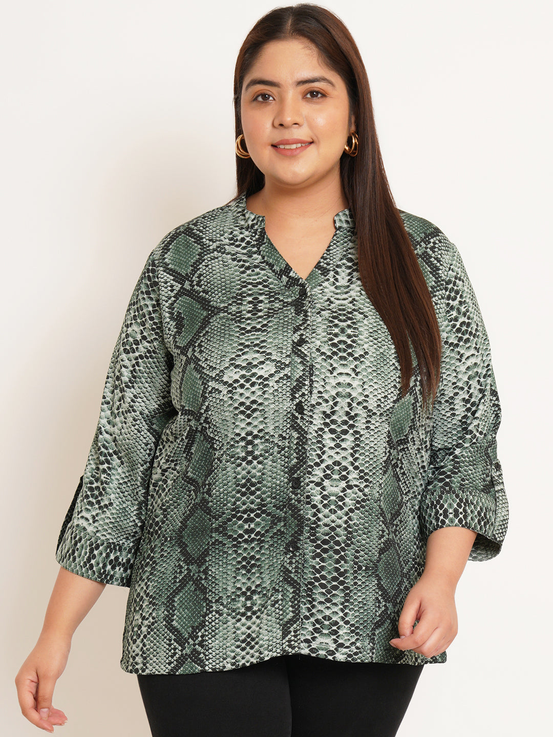 Women Plus Size Abstract Printed Mandarin Collar Top