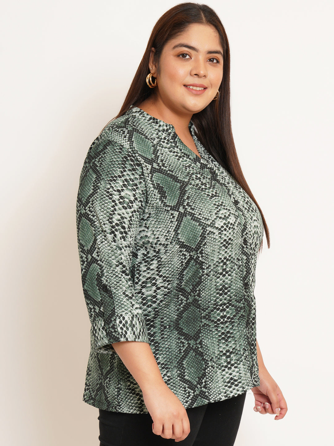 Women Plus Size Abstract Printed Mandarin Collar Top