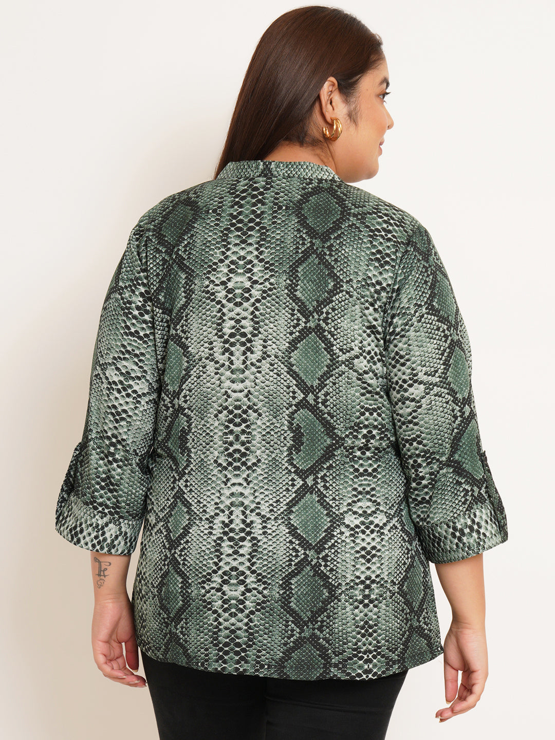 Women Plus Size Abstract Printed Mandarin Collar Top