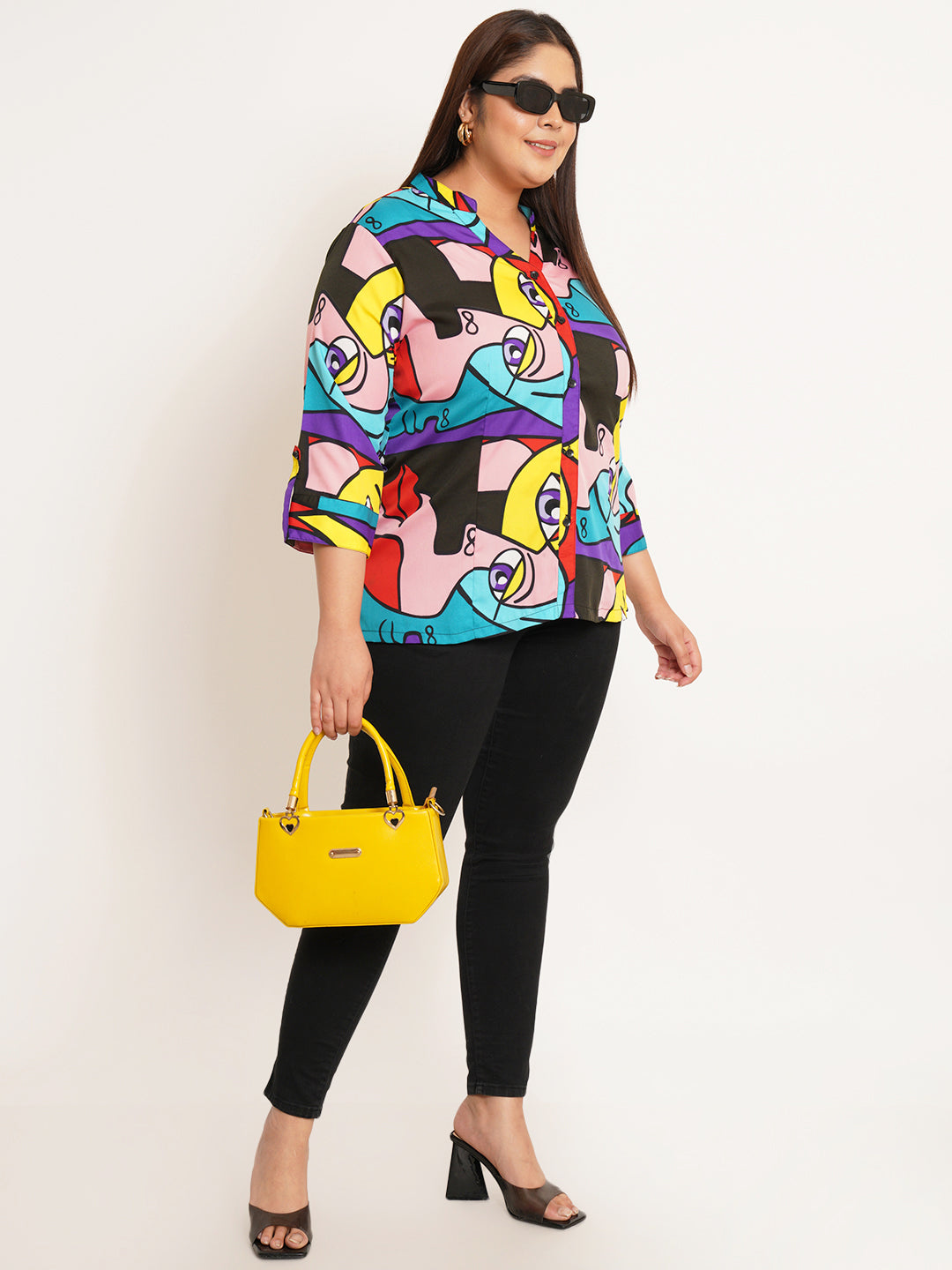 Women Plus Size Abstract Printed Mandarin Collar Top